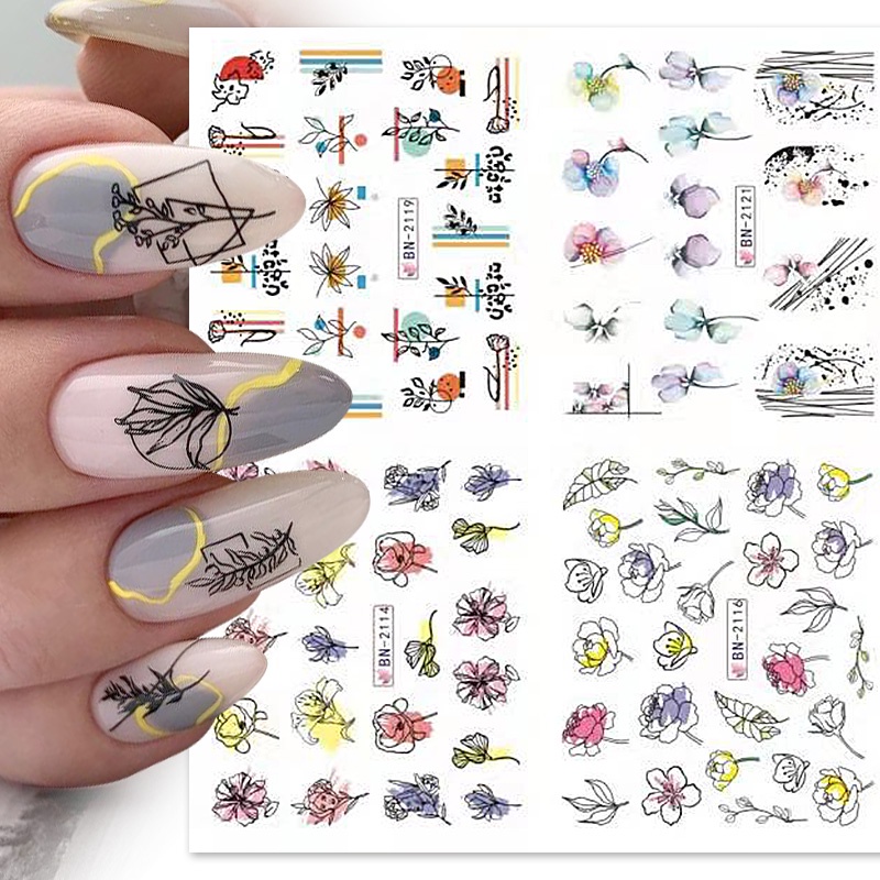 Harunouta Stiker Decal Motif Geometri / Daun / Bunga / Geometri Untuk Dekorasi Nail Art / Manicure DIY