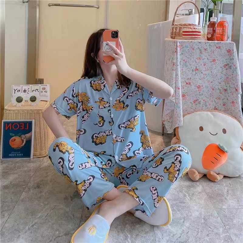 Baju tidur wanita / Piyama Cp baju tidur wanita krah pendek import kotak freesize-Cp.k GARFIELD BIRU
