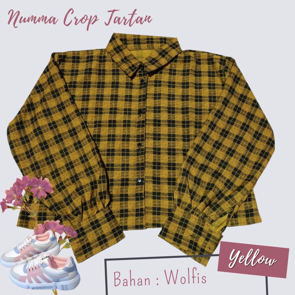 garmensolo || KEMEJA WANITA MODEL TARTAN CROP/ KEMEJA WANITA BAHAN WOLFIS / TUNIK JUMBO PREMIUM BLOUSE TARTAN LENGAN BALON MIZU KOREAN STYLE | KEMEJA FLANEL WANITA NUMMA-NUMMA CROP YELLOW