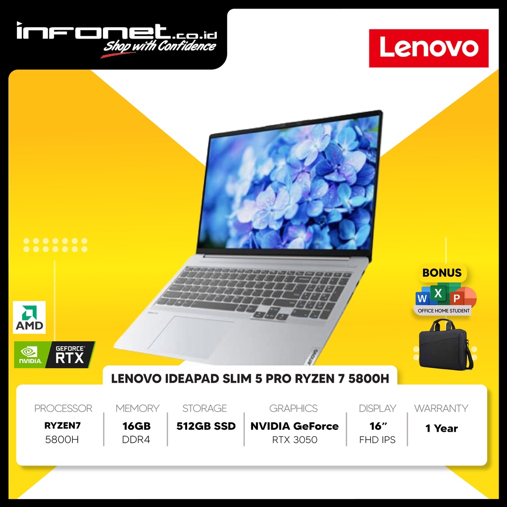 LENOVO IDEAPAD SLIM 5 PRO RYZEN 7 5800H RTX3050 16GB 512GB SSD 16" FHD IPS W11 OHS