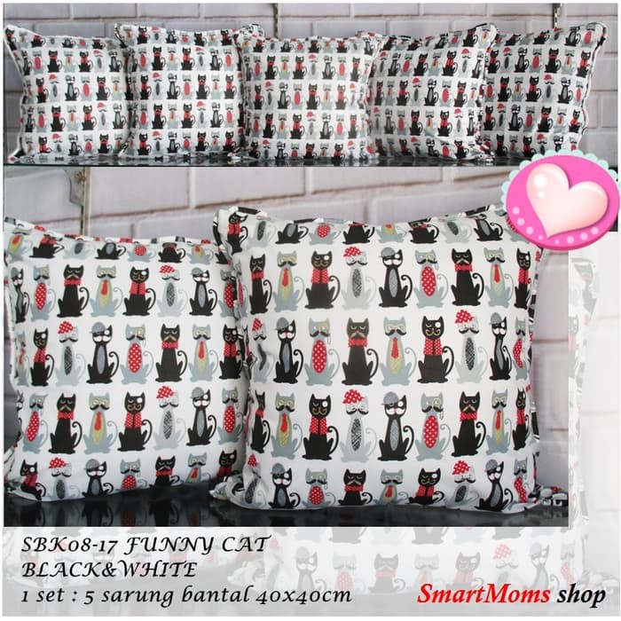 Promo SARUNG BANTAL SOFA MINIMALIS   SBK SET   KATUN   FUNNY CAT HITAM PUTIH Murah