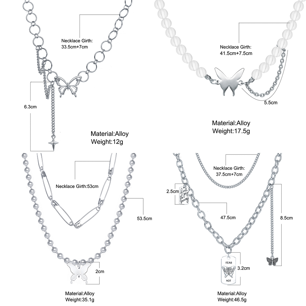 YEEZII Kalung Rantai Klavikula Banyak Lapis Hias Mutiara Kupu-Kupu Hati Warna Emas Perak Gaya Retro Korea Untuk Wanita