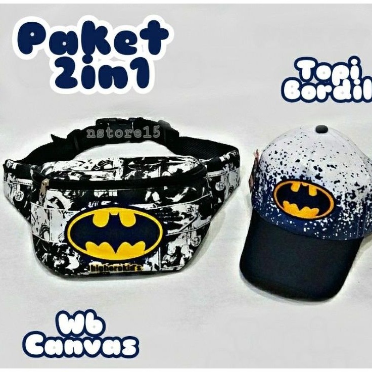 Waist bag anak laki laki, Wesbag Anak Laki Laki Motif Superhero Batman dan Topi Anak Laki Laki 2in1