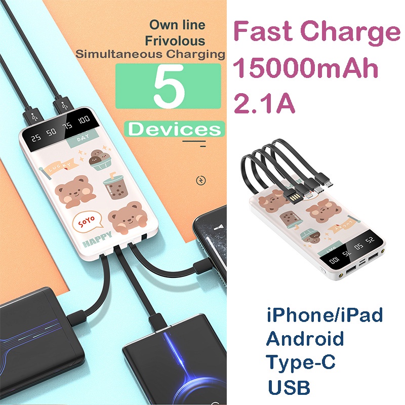 Power Bank 15000mAh LED Display LED Light 2.1A Fast Charging Portable Charger 4 Charger Cable iPhone