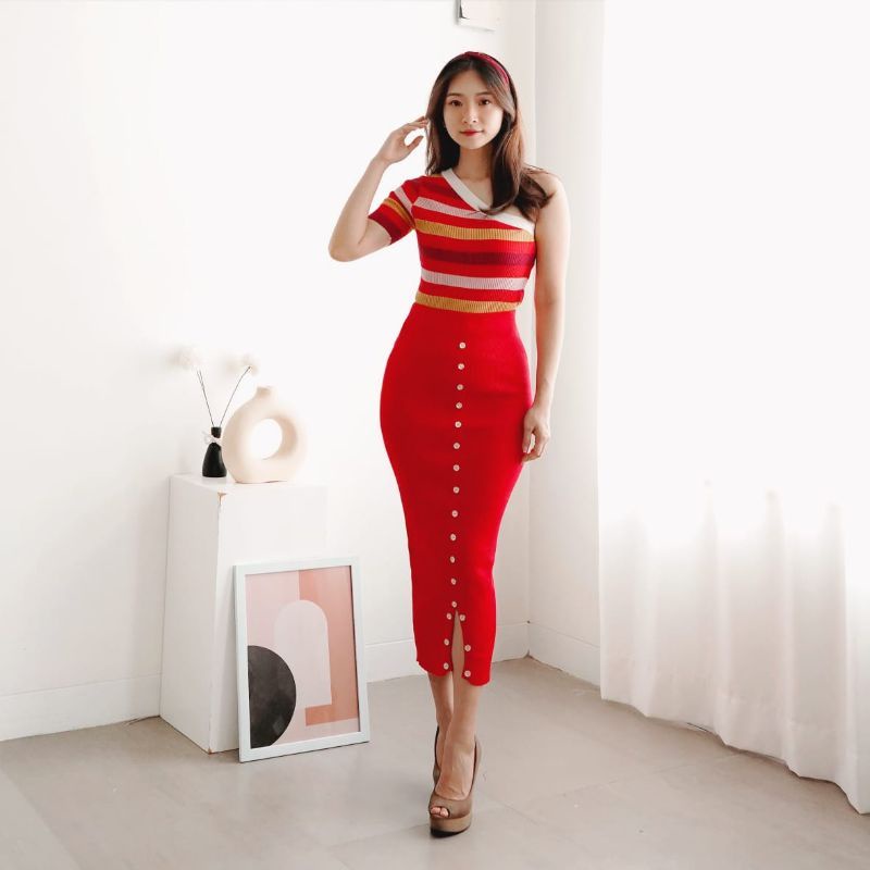 MDLV ~ A134 MELITA KNITTED 2PCS SET TOP TARZAN &amp; ROK MIDI RAJUT SETELA RAJUT CANTIK FASHION IMPORT