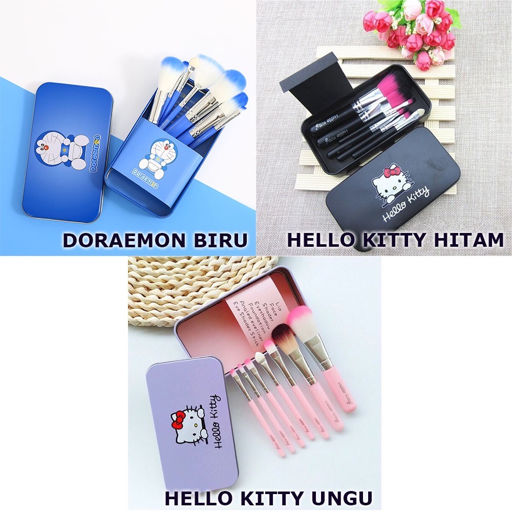 SET KUAS MAKE UP WANITA HELLO KITTY DORAEMON BRUSH 7 IN 1 SET MAKE UP TOOLS PRAKTIS