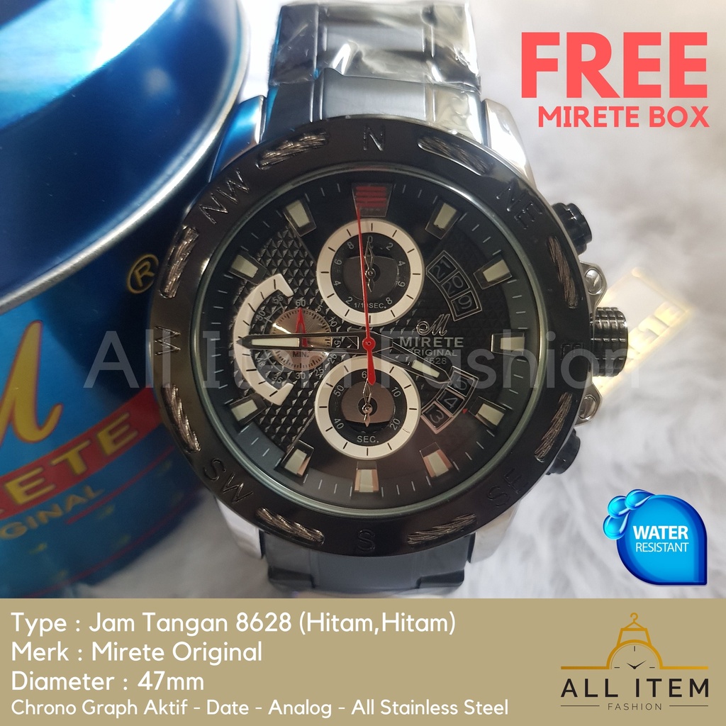 Jam Tangan Chrono Rantai MIRETE 8628 / Jam Tangan Pria Anti Air ORI / Arloji / Watches (FREE BOX)