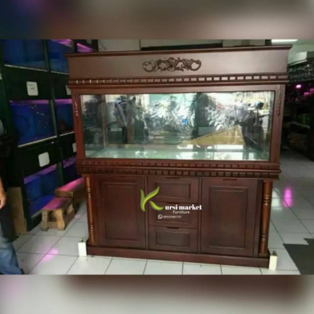 Bufet aquarium ukir asli jepara tempat aquarium ikan hias arwana bahan kayu jati