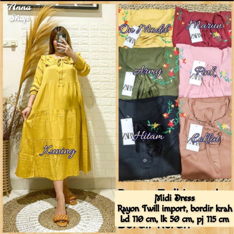Midi Dress long tunik krah bordir katun rayon twill jumbo