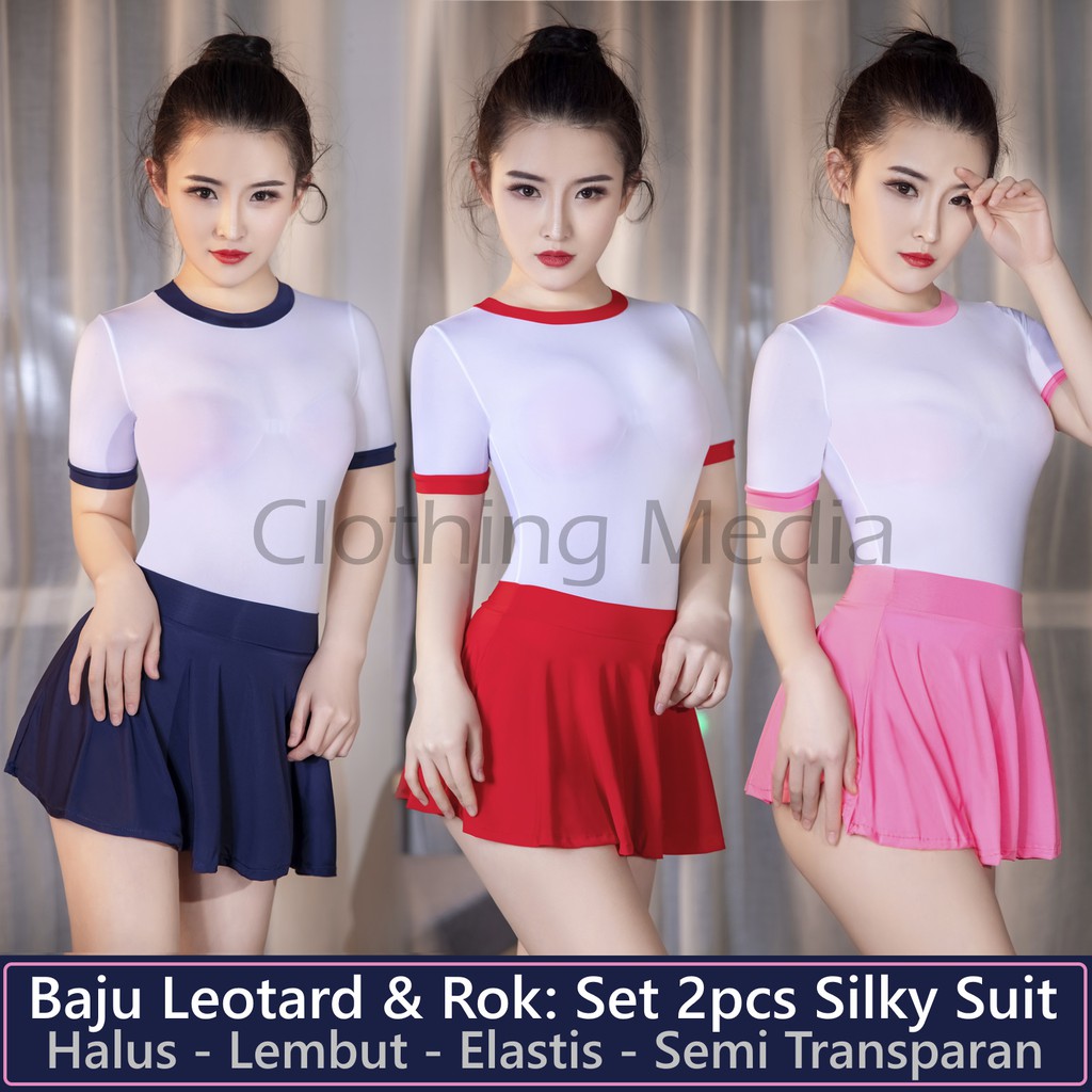 Baju Leotard Rok Set Silky Cosplay Sporty Jepang Elastis Semi Transparan