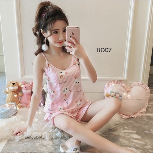 [READY STOCK] BAJU TIDUR WANITA DEWASA BABYDOLL PIYAMA KOREA PINK MOTIF KELINCI BD07