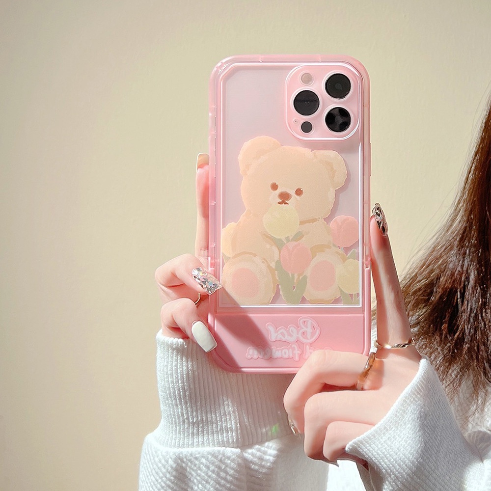 Case Pelindung Transparan Motif Kartun Beruang Pink Dengan Holder Untuk Iphone 11 8 7 Plus SE2 XS XR 12 13 PRO MAX