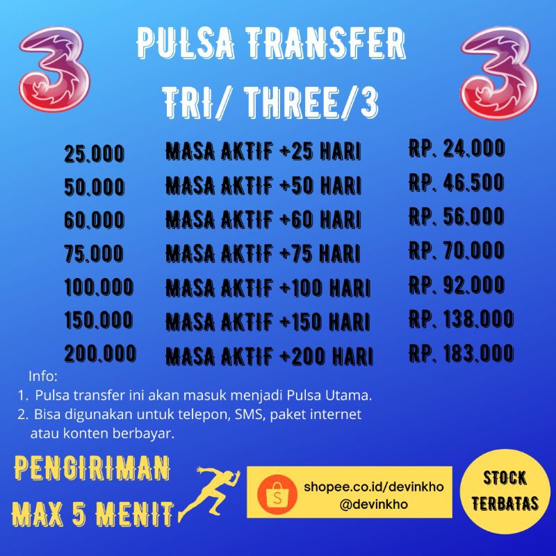 Pulsa Transfer Tri/3/Three 150 ribu/150k