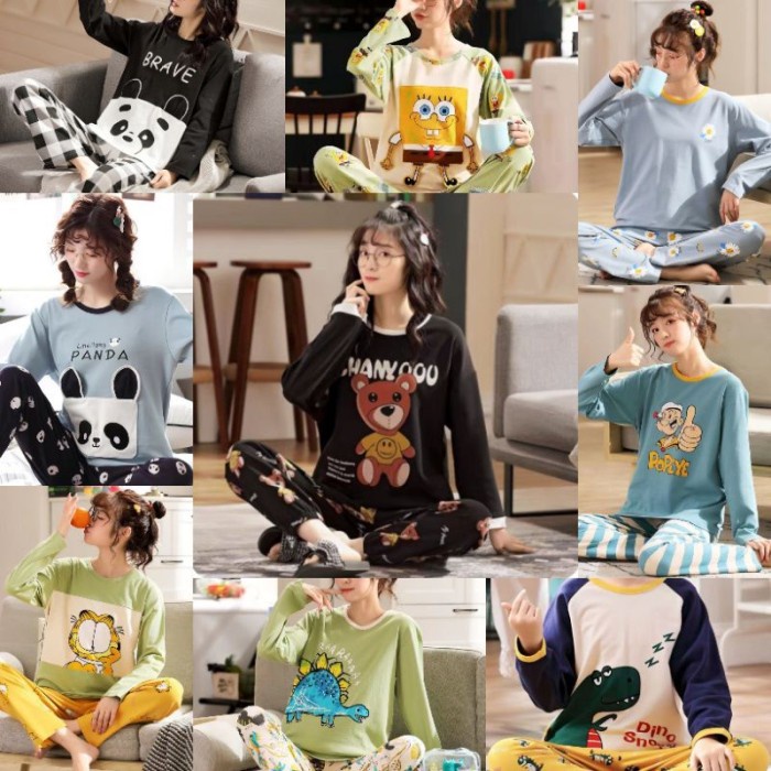 SETELAN ONE SET PIYAMA BAJU TIDUR WANITA DEWASA PP KATUN IMPORT LENGAN PANJANG MOTIF LUCU KARAKTER
S