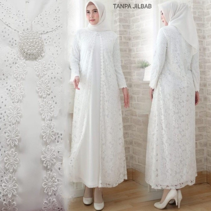 Agnes Baju Gamis Wanita FULL BRUKAT / Gamis Putih Lebaran Umroh Haji /