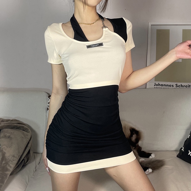 #Sisjuly# Wanita musim panas baru wanita dekorasi pinggang tinggi busana kontras warna halter gaun l