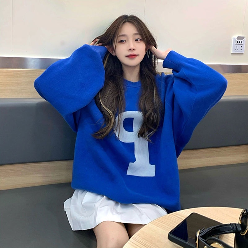 Suhao American top Klein blue sweater wanita tipis longgar gaya bf mantel atas hoodless oversize ove