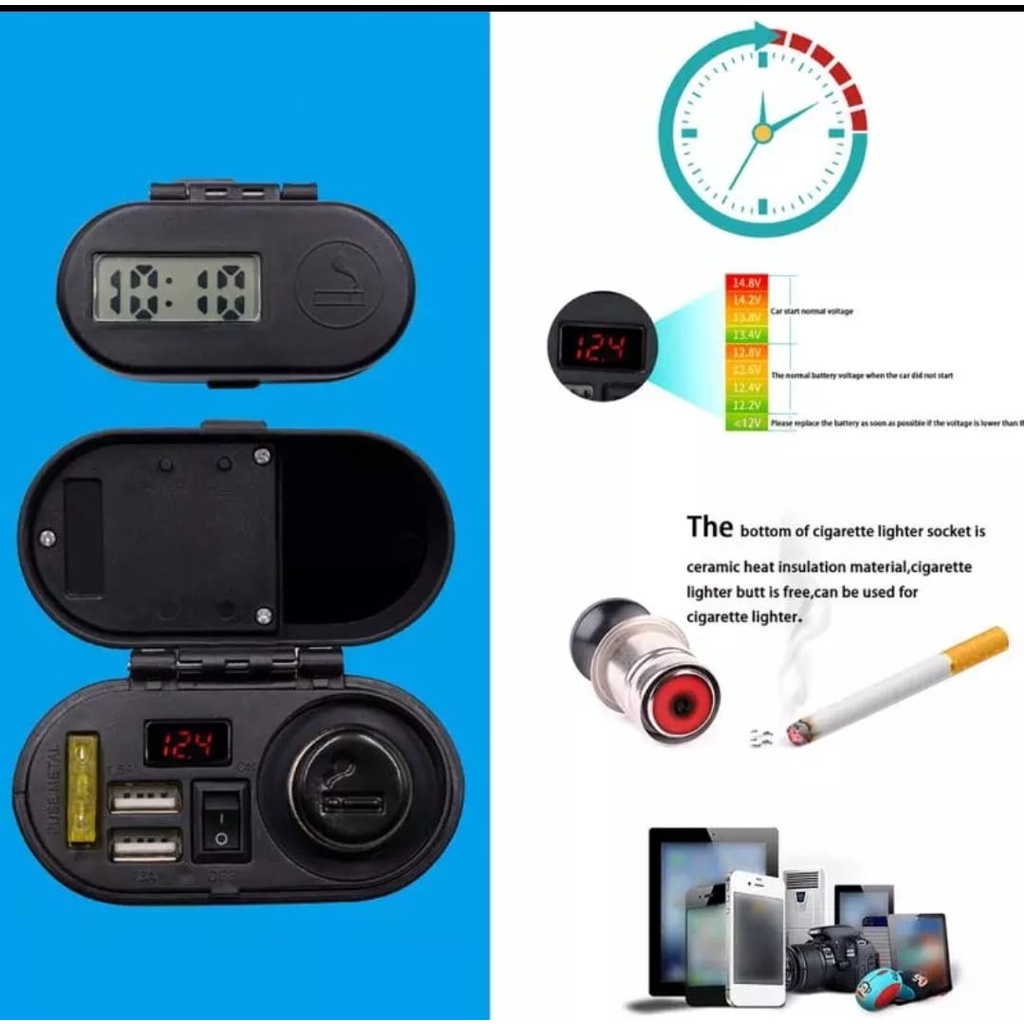 MotorCycle USB CD-3068 Lighter voltmetar / jam Charger Motor Dual usb