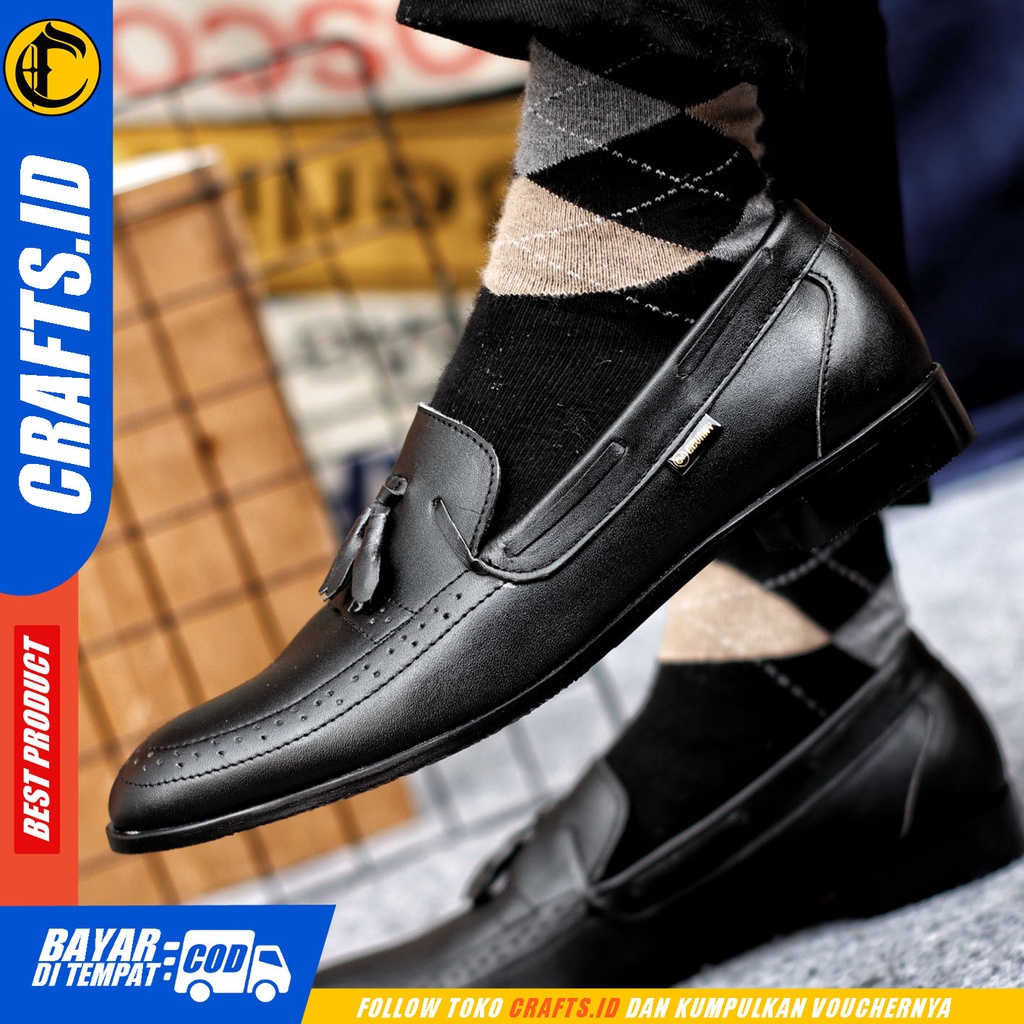 Sepatu Formal Pria Sepatu Pantofel Pria Kulit Asli Slop Sepatu Pantopel Hitam Kerja Kantor CRAFTS DEROSSA