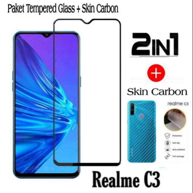 Tempered Glass REALME C3 Paket Garskin Handphone Garskin Carbon Back Skin Protector Transparant