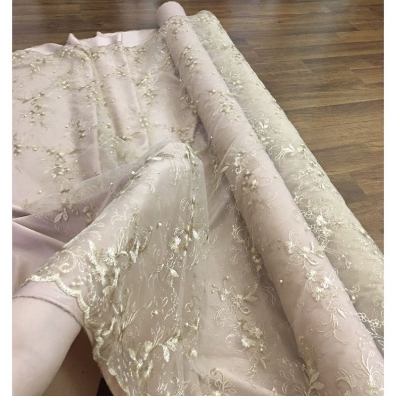 Bahan Kain Kebaya Brukat Brokat Tile Mutiara Charlotte Warna Mocca Gold