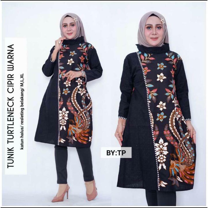 Tunik Turtlleneck Cipir Warna Batik Katun Resleting Modern Premium High Quality Wanita Jumbo