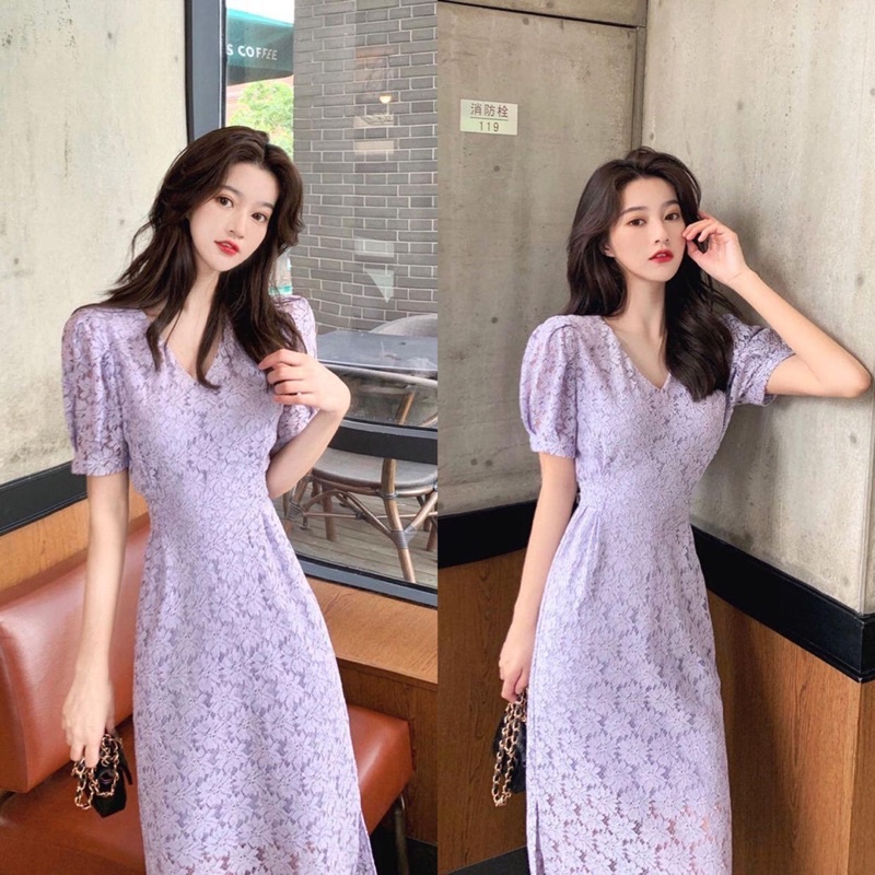 Claudia Dress Brocade Korean Classy Basic Simple Midi Party Gaun Manis Cantik Lilac Gray