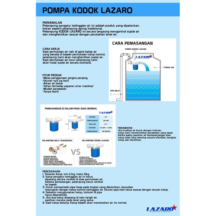 PELAMPUNG KRAN OTOMATIS/POMPA KODOK LAZARO GARANSI 3 TAHUN