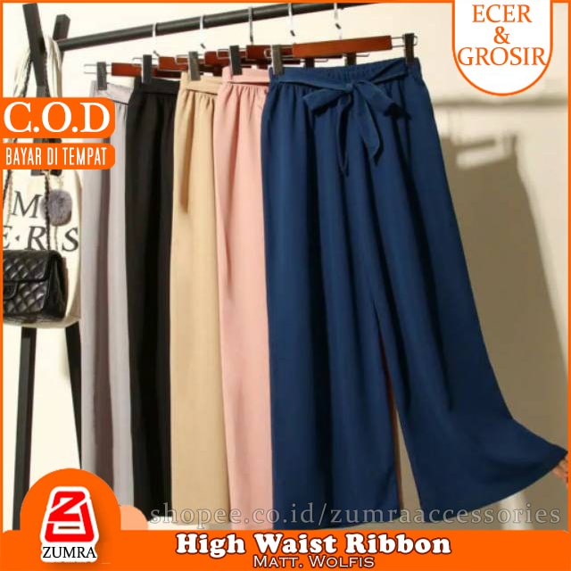 Size Jumbo 65+ Celana Wanita Kulot Wolfis Highwaist Ribbon Pants Casual