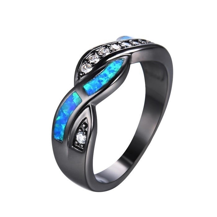 SEUSUK  Cross Shape Blue Fire Opal Ring Bridal Personality Charm Wedding Jewelry