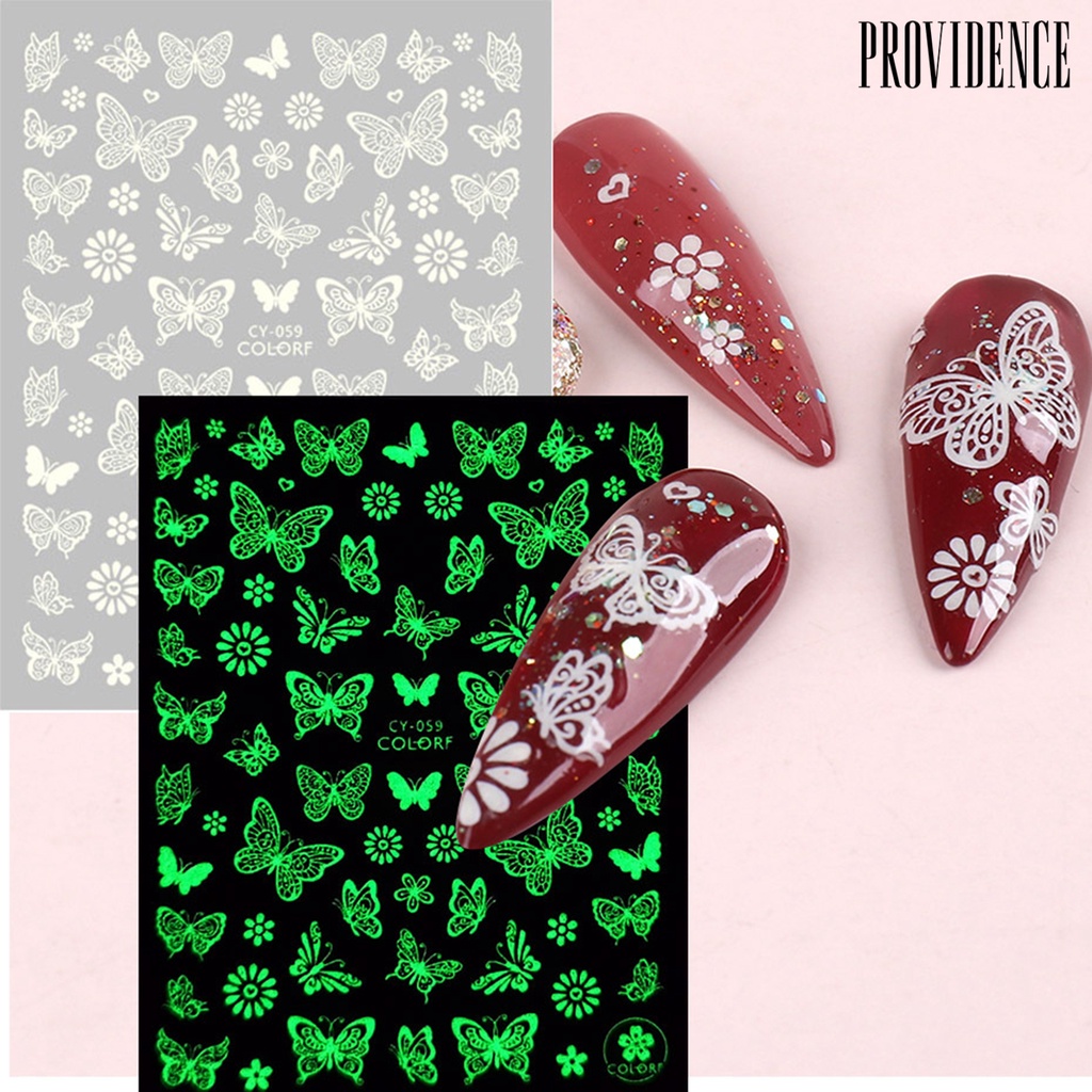 Providence 9pcs / Set Stiker Kuku Motif Kupu-Kupu / Bunga 3d Glow In The Dark Untuk Nail Art Butterfly