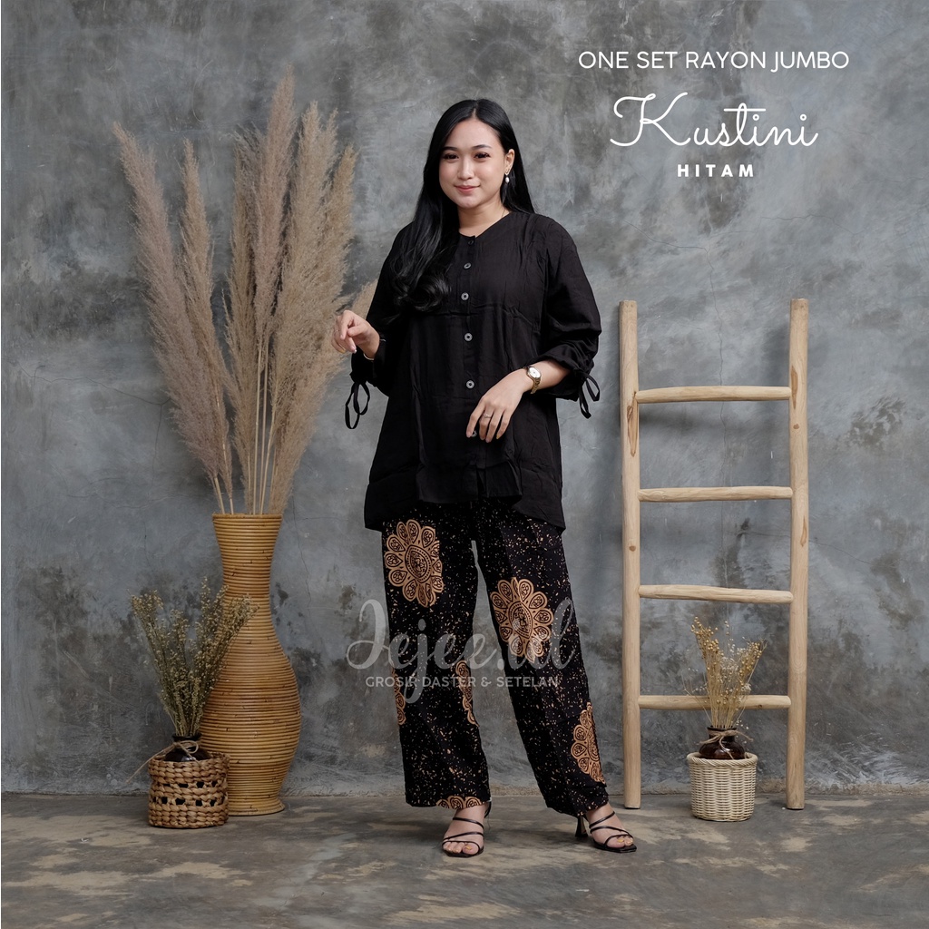 SETELAN RAYON JUMBO LD 120 CM BIG SIZE SUNDARI SET PIYAMA TIE DYE LENGAN PANJANG KANCING-KUSTINI-HITAM