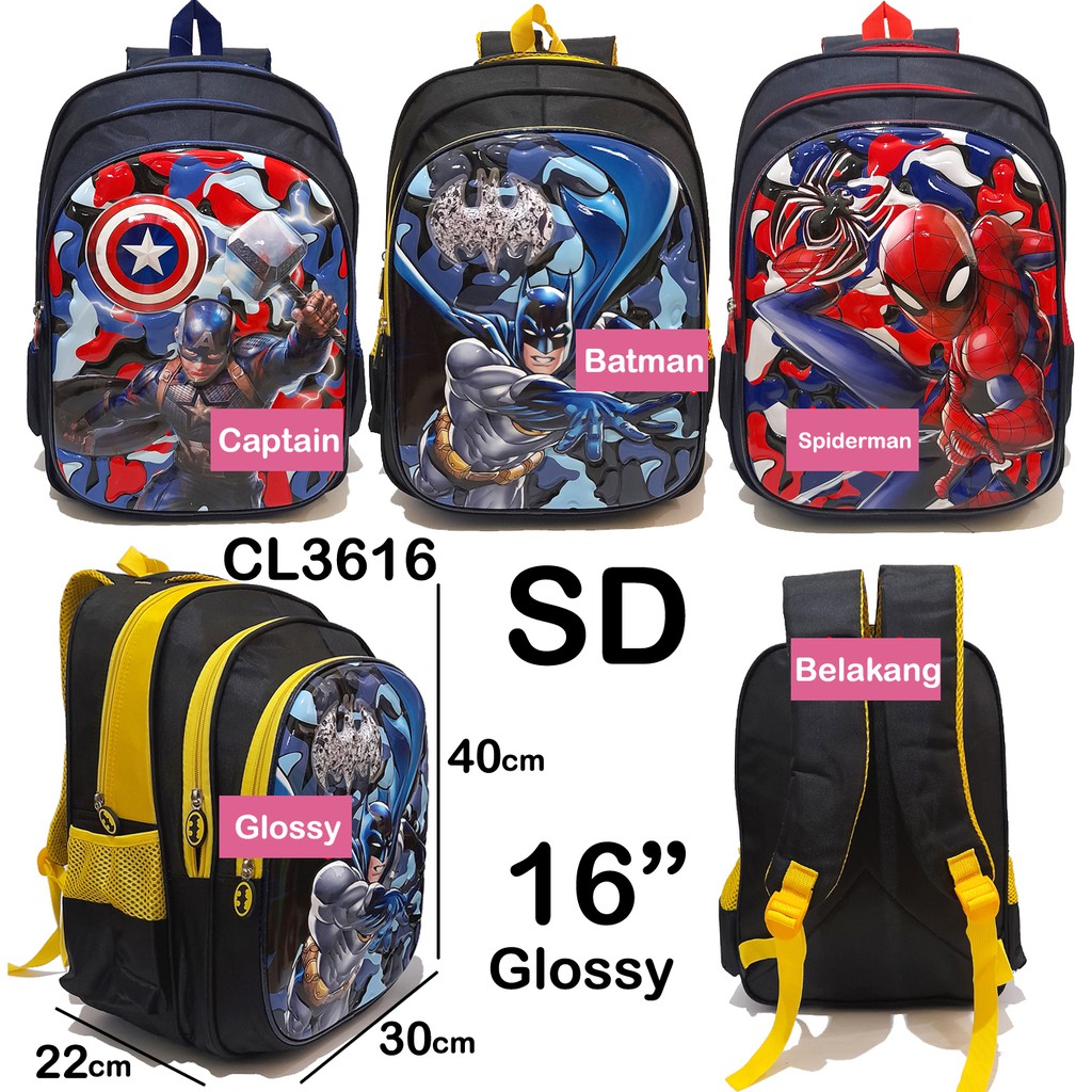 Glossy SD/TK  Tas Anak Laki Laki Ransel Sekolah Cowok Superhero Spiderman Batman Captain