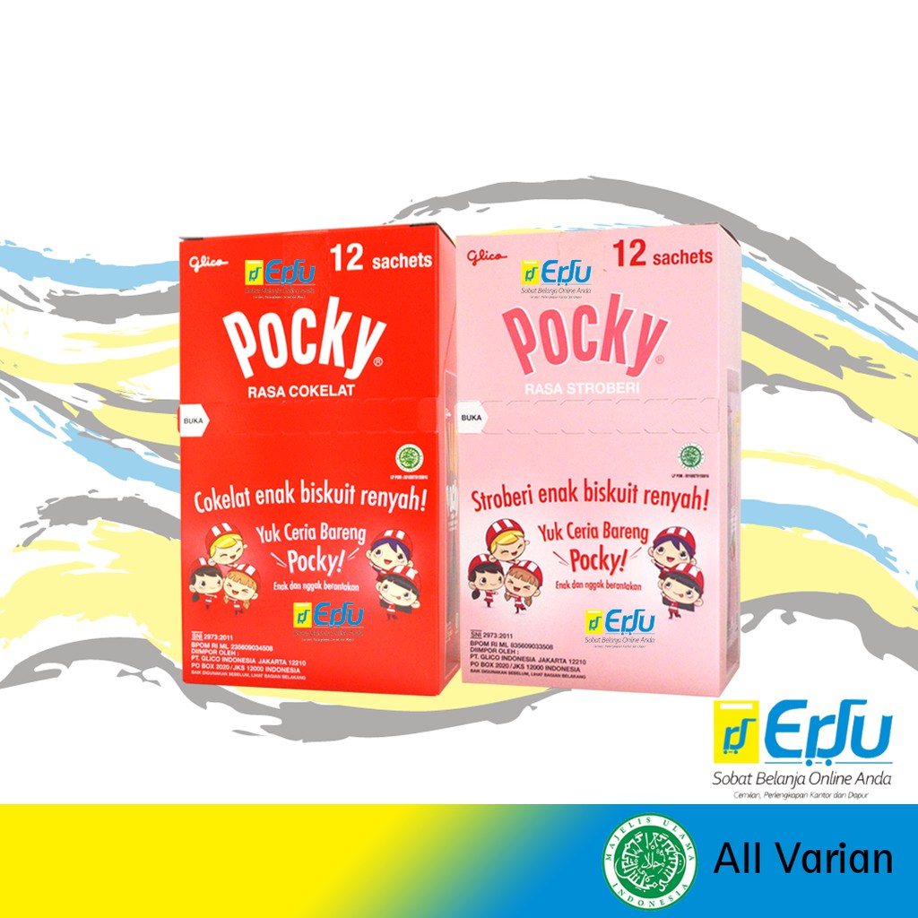 

VARIAN Glico Pocky Kue Biskuit Stick Rasa Coklat Strawberry Kemasan Box Sachet Halal MUI