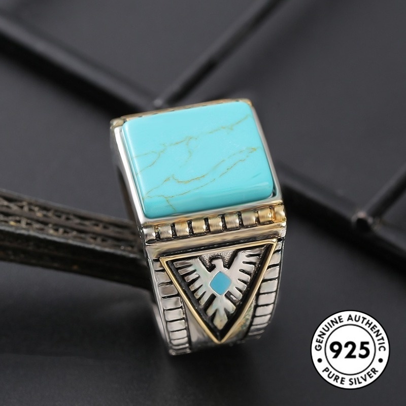 Cincin Lapis Silver S925 Desain Bulu Hias Turquoise Untuk Pria