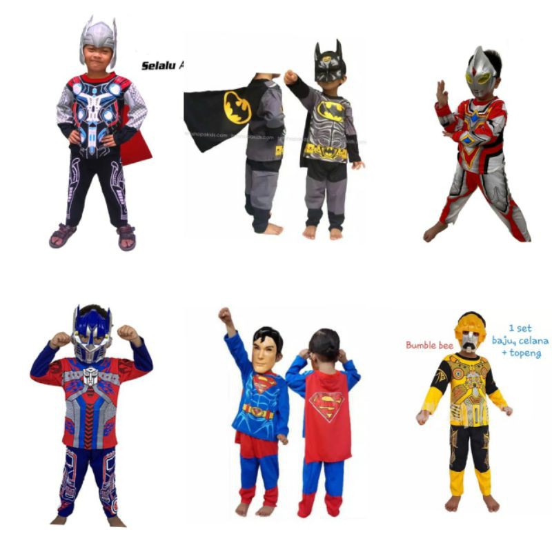 KOSTUM BAJU SUPERHERO ANAK SUPERMAN BATMAN SAYAP BUMBLEEBEE TRANSFORMERS ULTRAMEN THOR GRATIS TOPENG