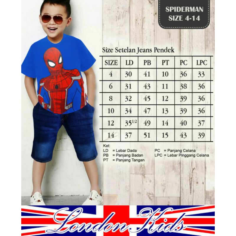 setelan kaos anak london kids spiderman jelana jeans