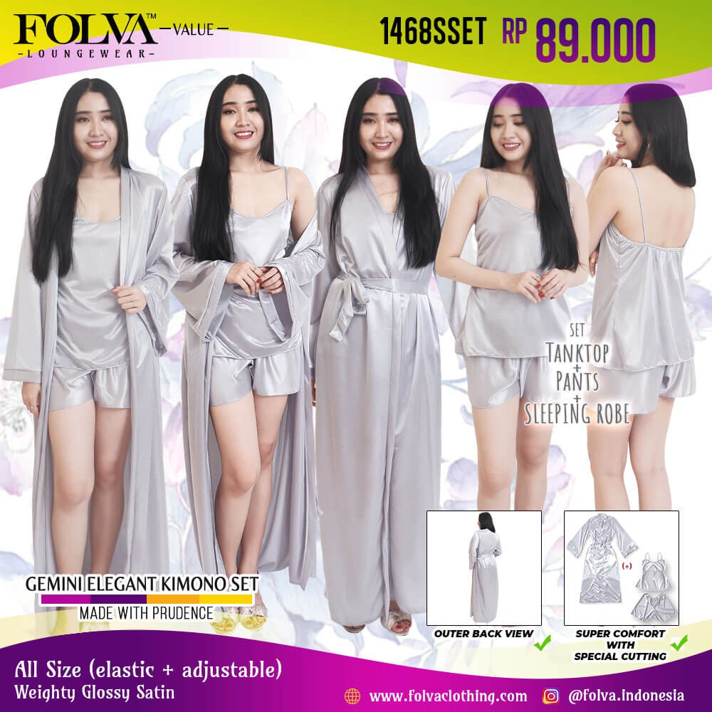FOLVA kimono set inner babydoll celana satin 1468SSET FOLVA kimono set inner babydoll celana satin 1468SSET