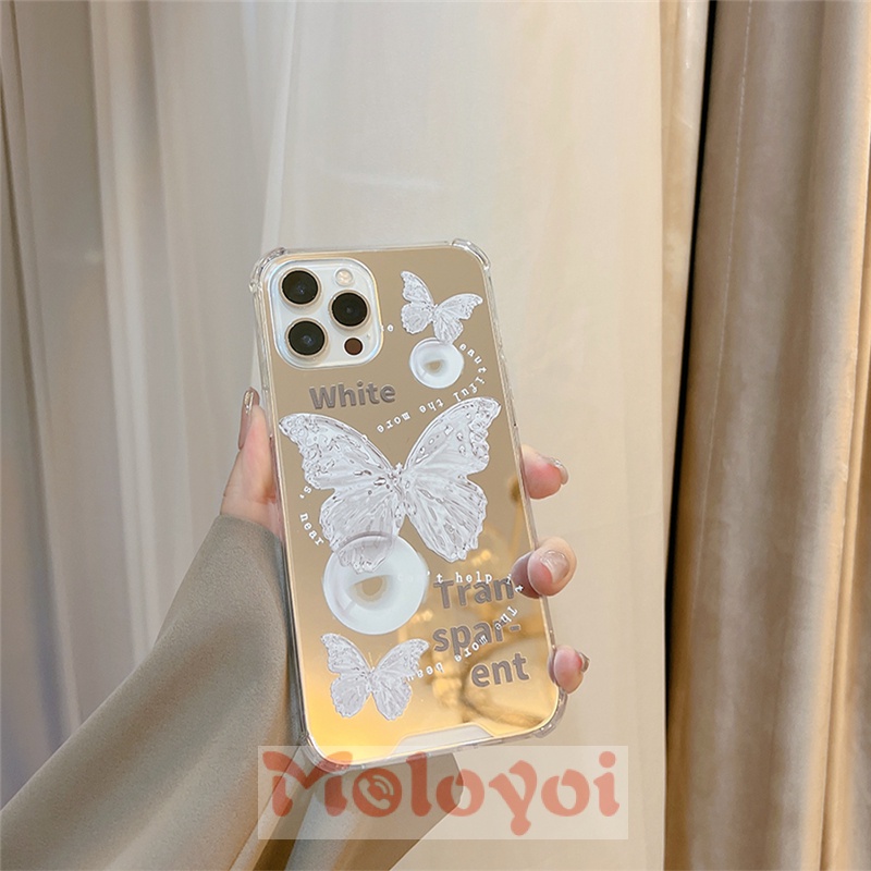 Soft Case TPU Desain Kupu-Kupu Putih Aksen Cermin Kristal Untuk IPhone 7Plus 11 12 13 Pro Max XR 8Plus X XS Max 7 8 SE 2020