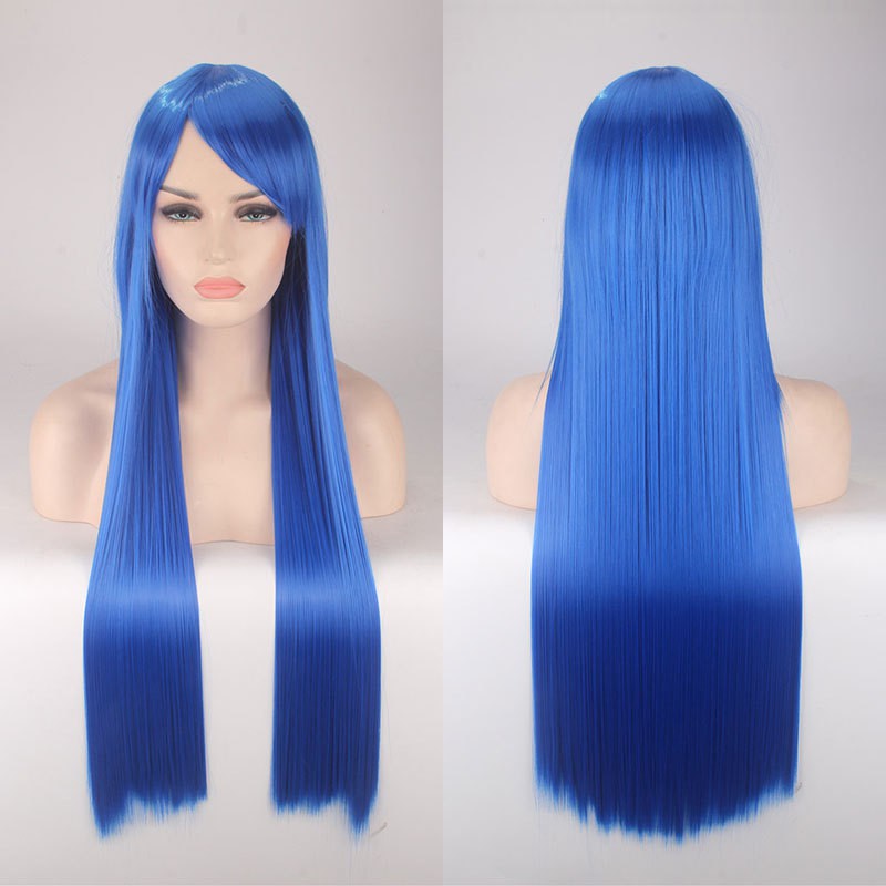 K026-18 blue biru wig base lurus 80 cm cosplay rambut palsu