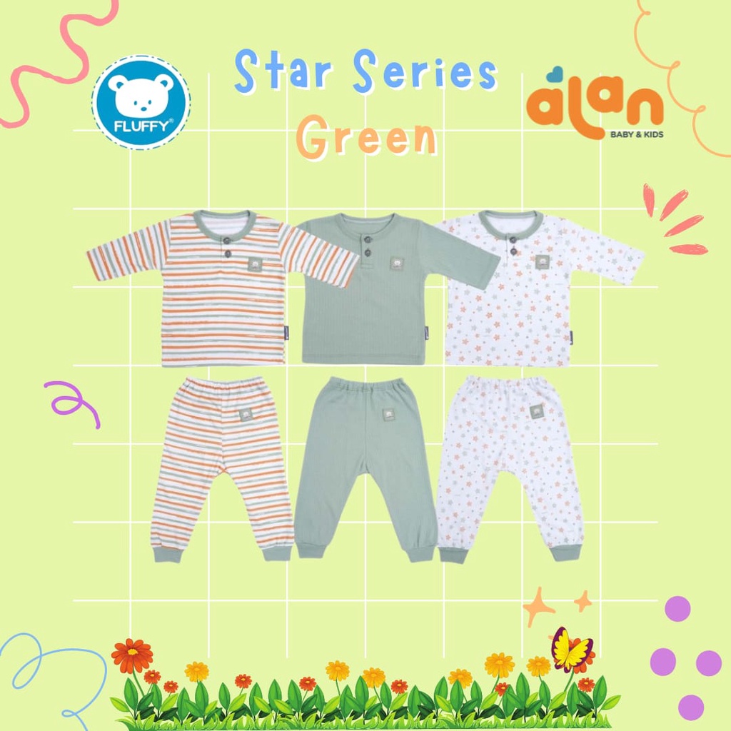 Fluffy Stelan Oblong Lengan Panjang Celana Panjang isi 3 - Star Series Green (FY-SODJJ)