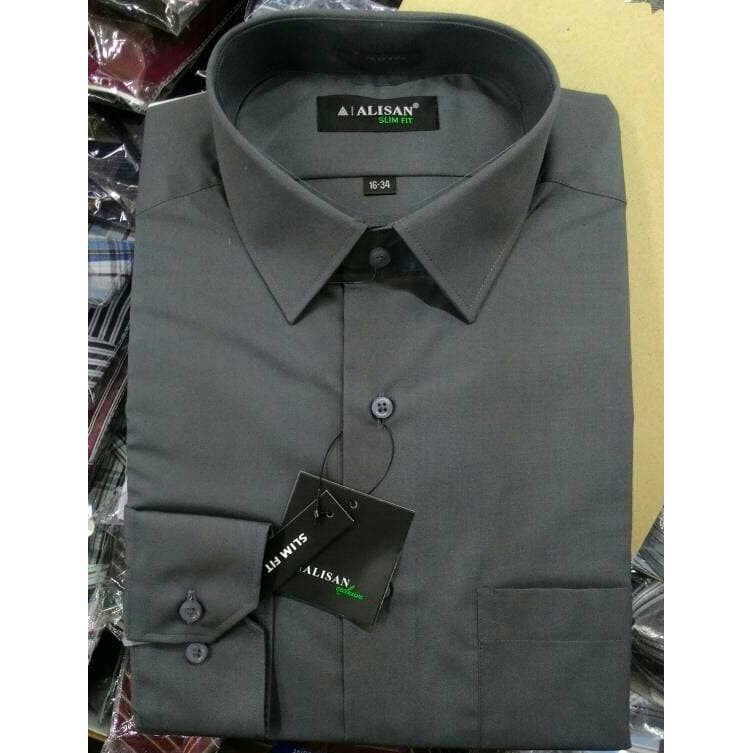 Kemeja Alisan Casual Slimfit Lengan Panjang Abu Tua Abu 6 Polos