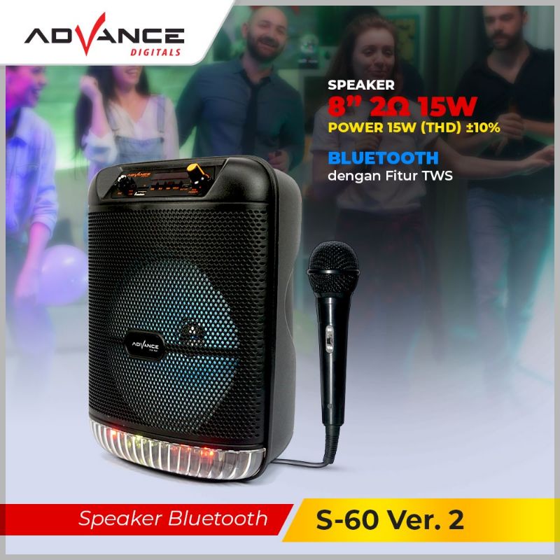 speaker advance bluetooth music &amp; karaoke s-60 8inch / s60 8&quot; free mic