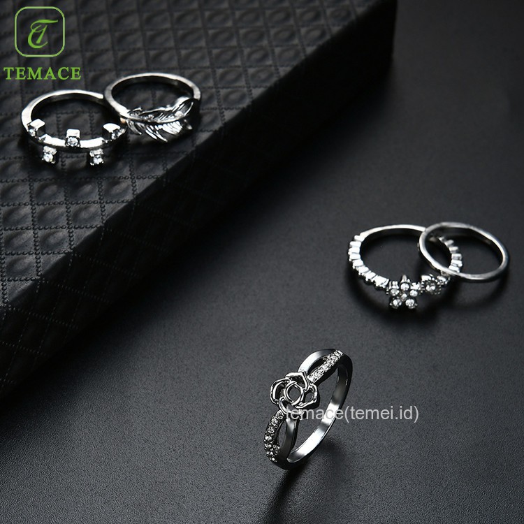 Cincin titanium Set Berlian Imitasi Elegan Korea Wanita 5pc