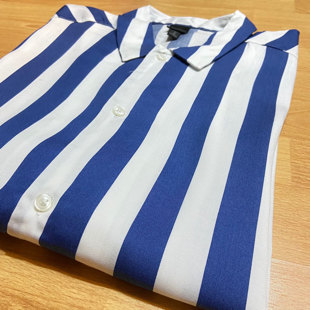 H&amp;M Kemeja Pria Lyocell Formal Kasual Garis Biru Striped Shirt Original