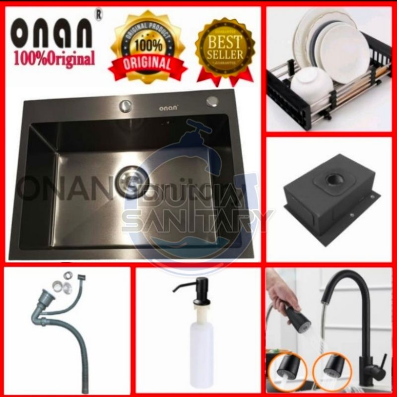 paket Bak cuci piring ONAN Original 7050 Black Hitam kitchen Sink stainless sus 304 70x50