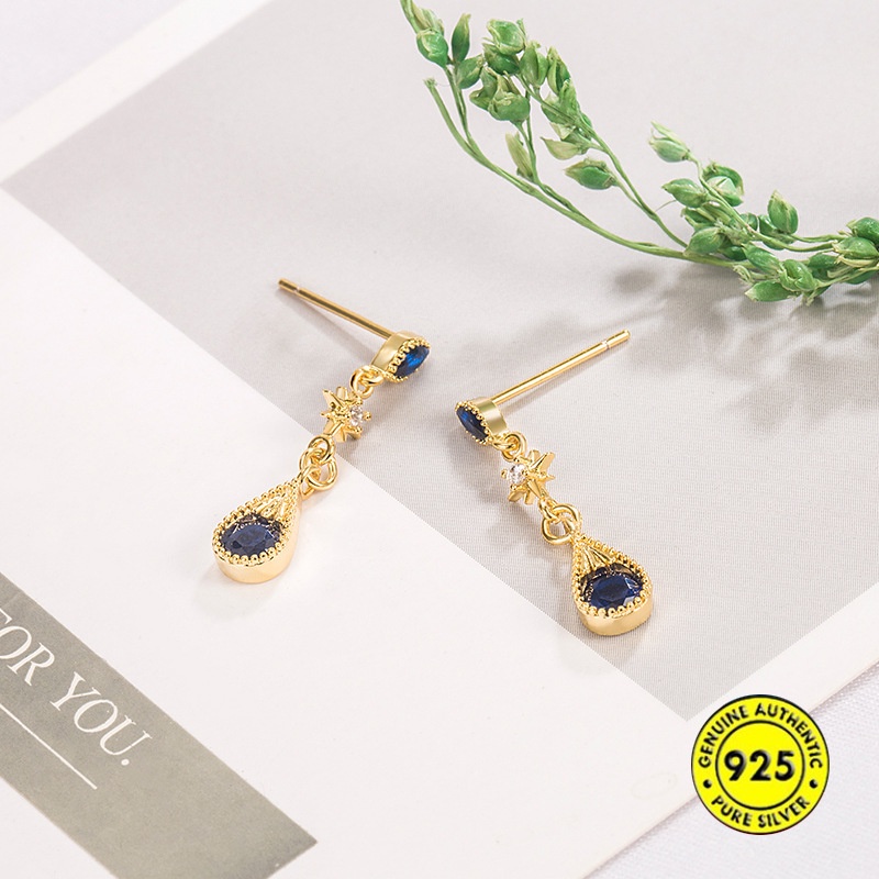 Anting Tusuk Lapis Emas 18K Hias Berlian Biru Gaya Vintage Untuk Wanita