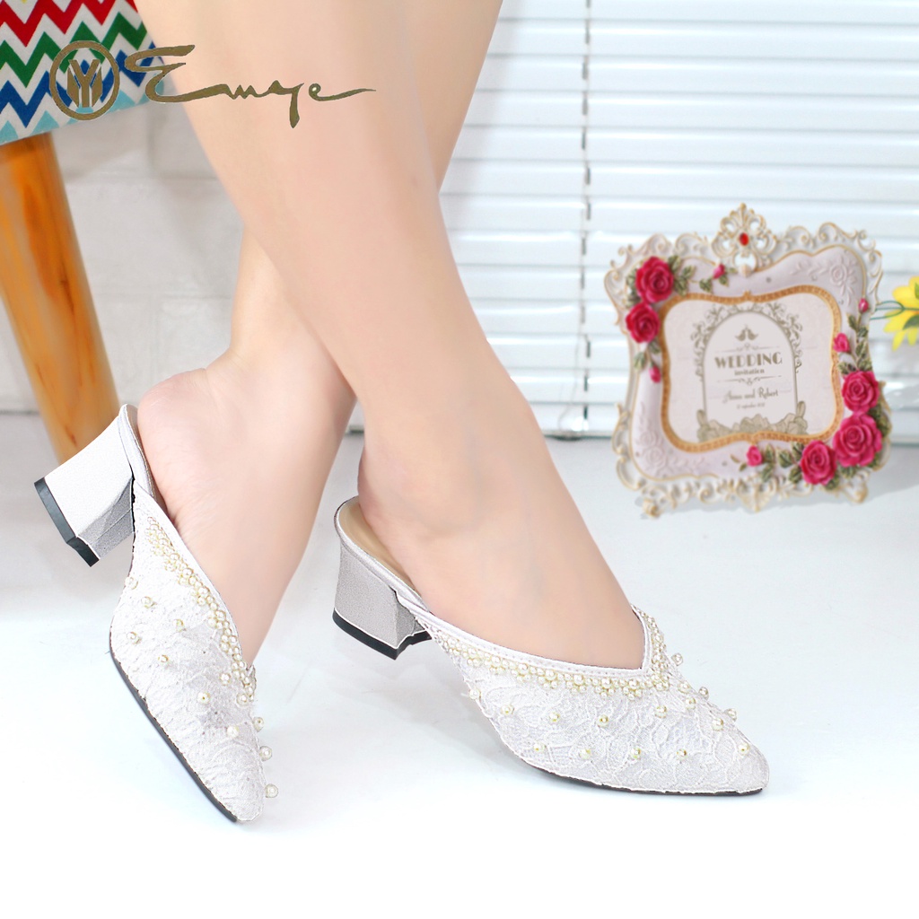 EMYE Sepatu Sandal Pengantin Wanita Brukat Payet Original Hak Tahu 5cm size 36-41 Sepatu Wisuda Wanita Brukat I Seserahan Wedding