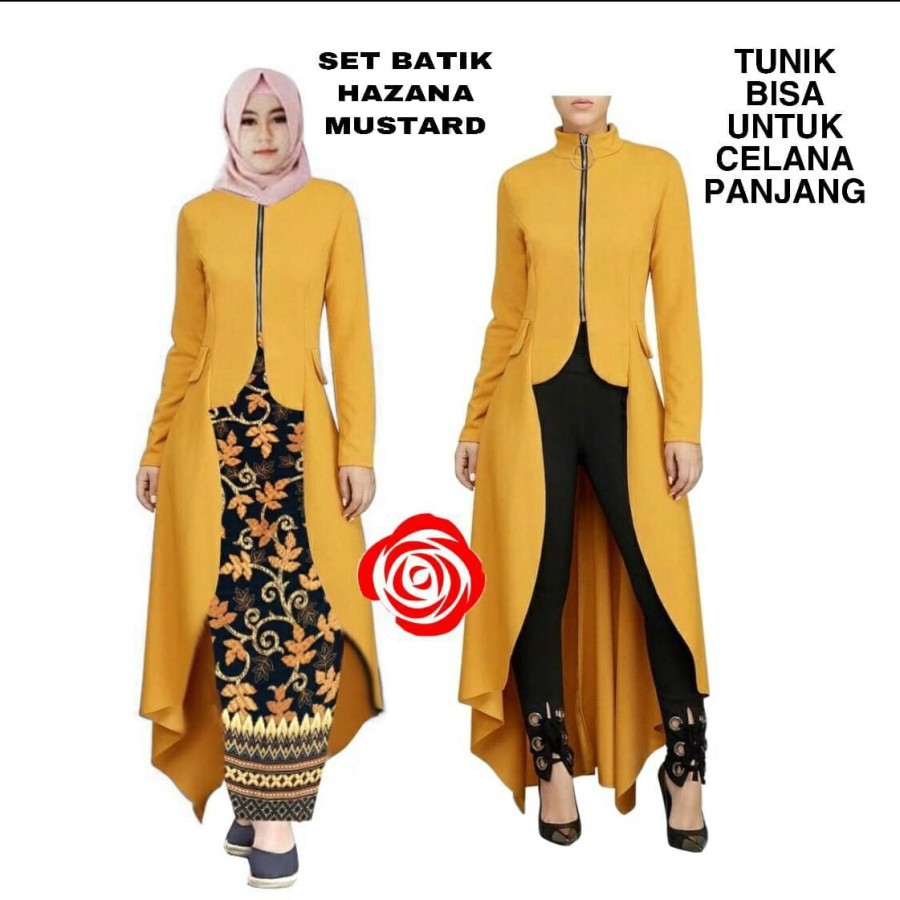 Baju Tunik Setelan Wanita Muslimah Dewasa Berhijab Kekinian Terbaru 2021 Bahan Balotelli+Batik fit L