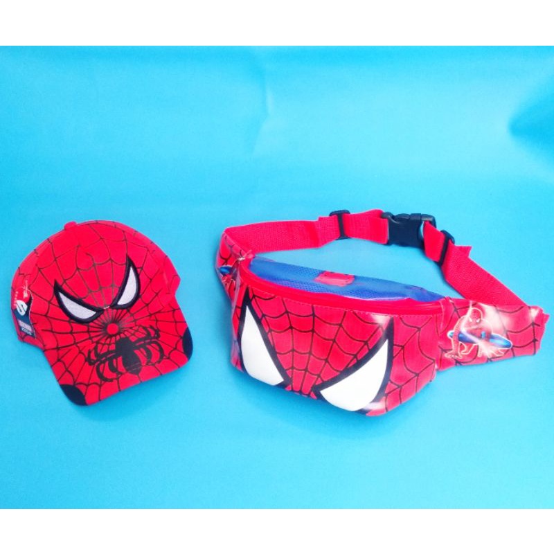 PROMO 2IN1 TERBARU WAISTBAG TAS SLEMPANG ANAK SPIDERMAN/TOPI BORDIR 2-9TAHUN